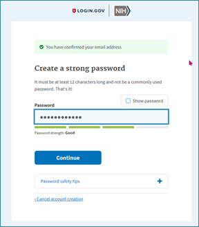 Create a Strong Password prompt on the login.gov screen